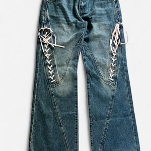 Edikted Blue Lace Up Wide Leg Jeans Pink Ribbon Paneled Denim Pants Womens M